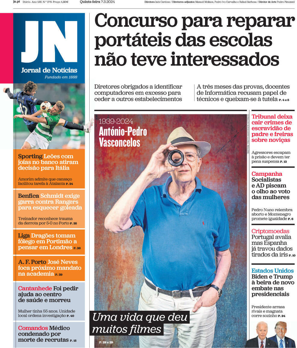 Jornal de Not&iacute;cias: Capa da Edi&ccedil;&atilde;o de quinta-feira, 07 de mar&ccedil;o 2024