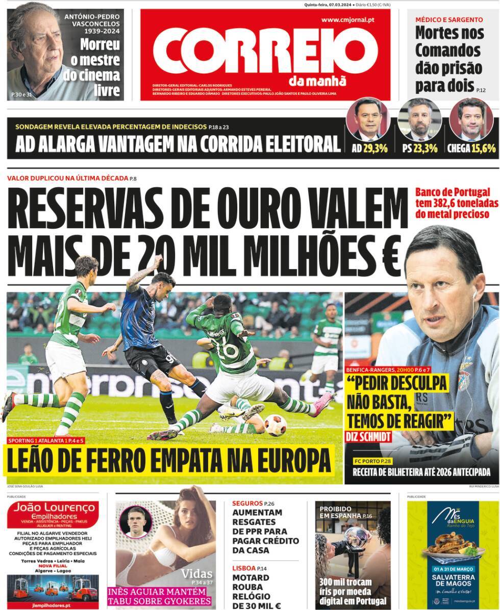 Correio da Manh&atilde;: Capa da Edi&ccedil;&atilde;o de quinta-feira, 07 de mar&ccedil;o 2024