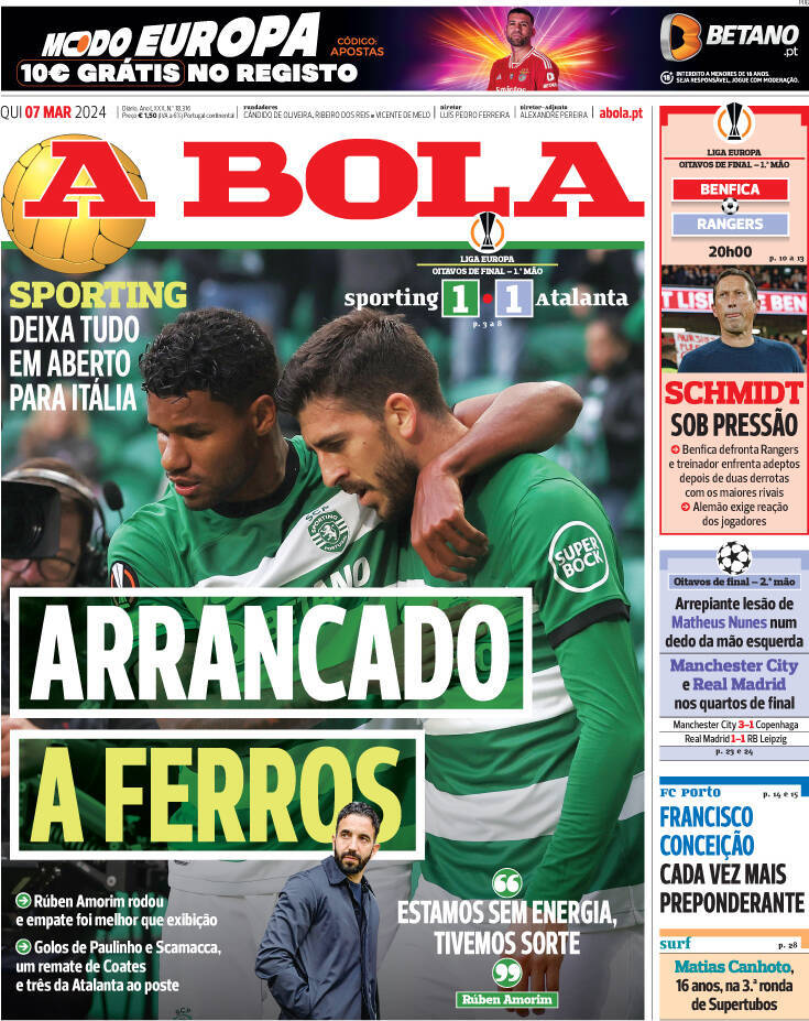 A Bola: Capa da Edi&ccedil;&atilde;o de quinta-feira, 07 de mar&ccedil;o 2024