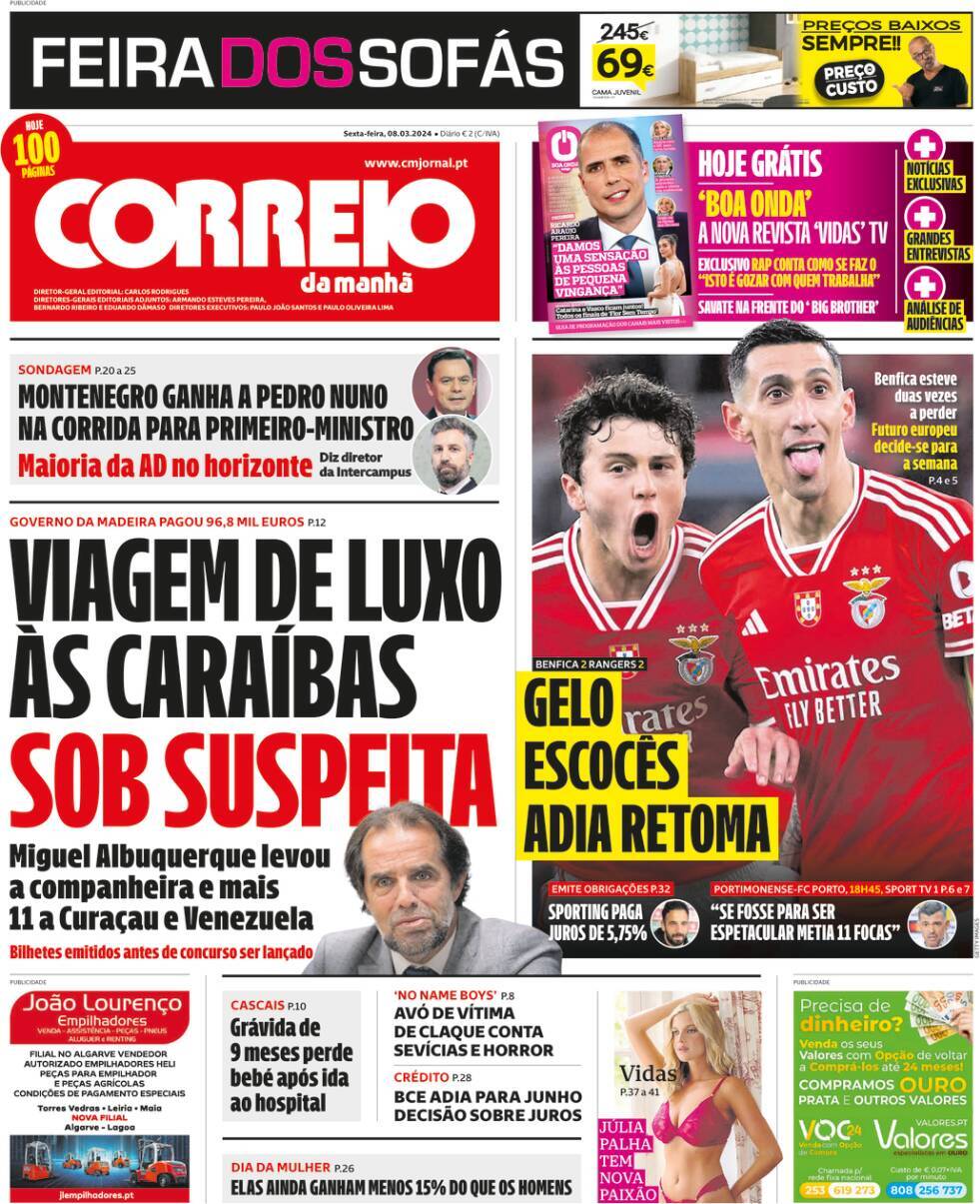 Correio da Manh&atilde;: Capa da Edi&ccedil;&atilde;o de sexta-feira, 08 de mar&ccedil;o 2024