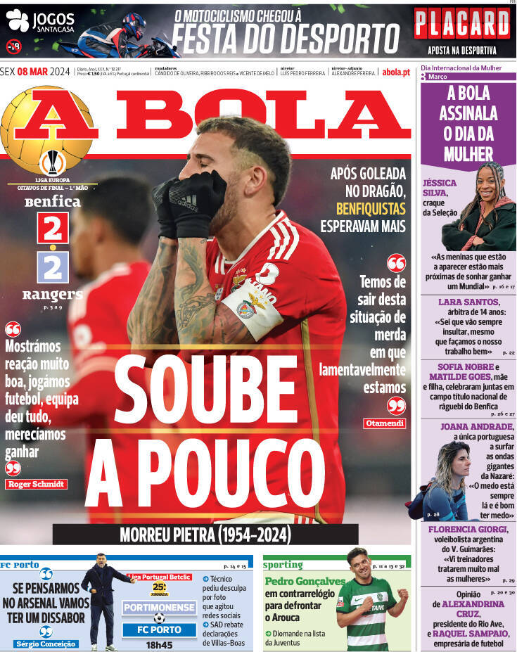 A Bola: Capa da Edi&ccedil;&atilde;o de sexta-feira, 08 de mar&ccedil;o 2024