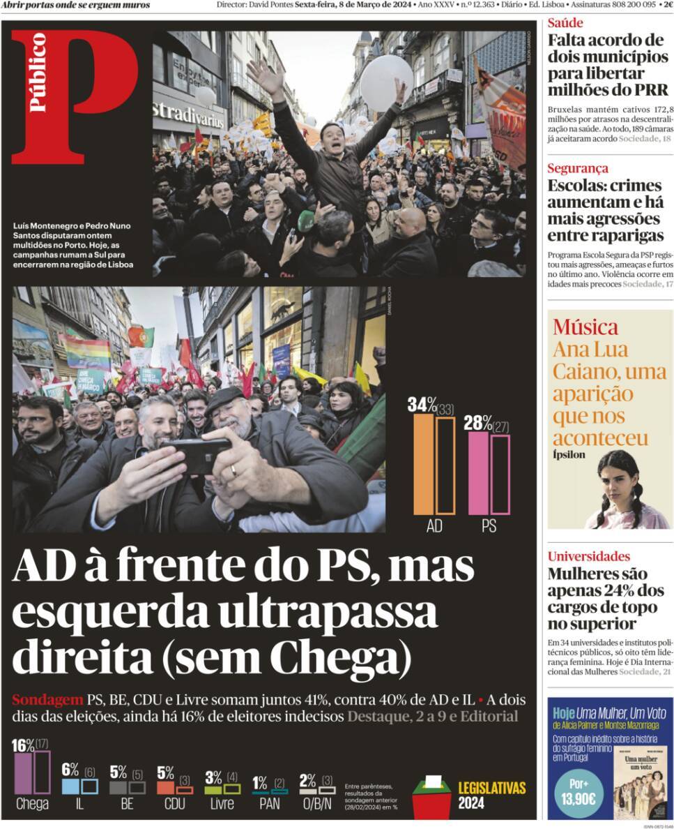 P&uacute;blico: Capa da Edi&ccedil;&atilde;o de sexta-feira, 08 de mar&ccedil;o 2024