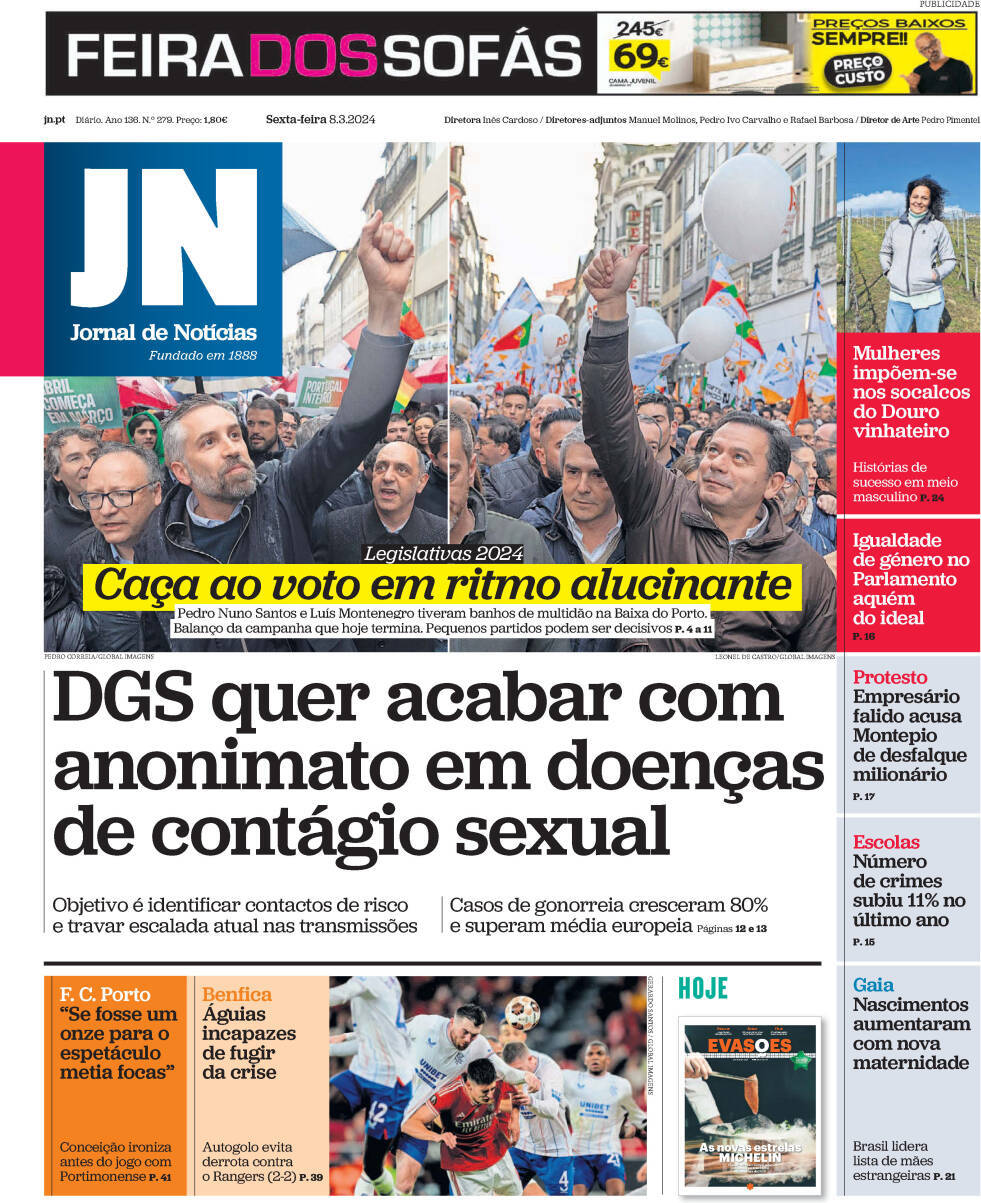 Jornal de Not&iacute;cias: Capa da Edi&ccedil;&atilde;o de sexta-feira, 08 de mar&ccedil;o 2024