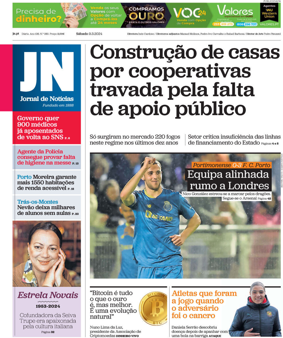 Jornal de Not&iacute;cias: Capa da Edi&ccedil;&atilde;o de s&aacute;bado, 09 de mar&ccedil;o 2024