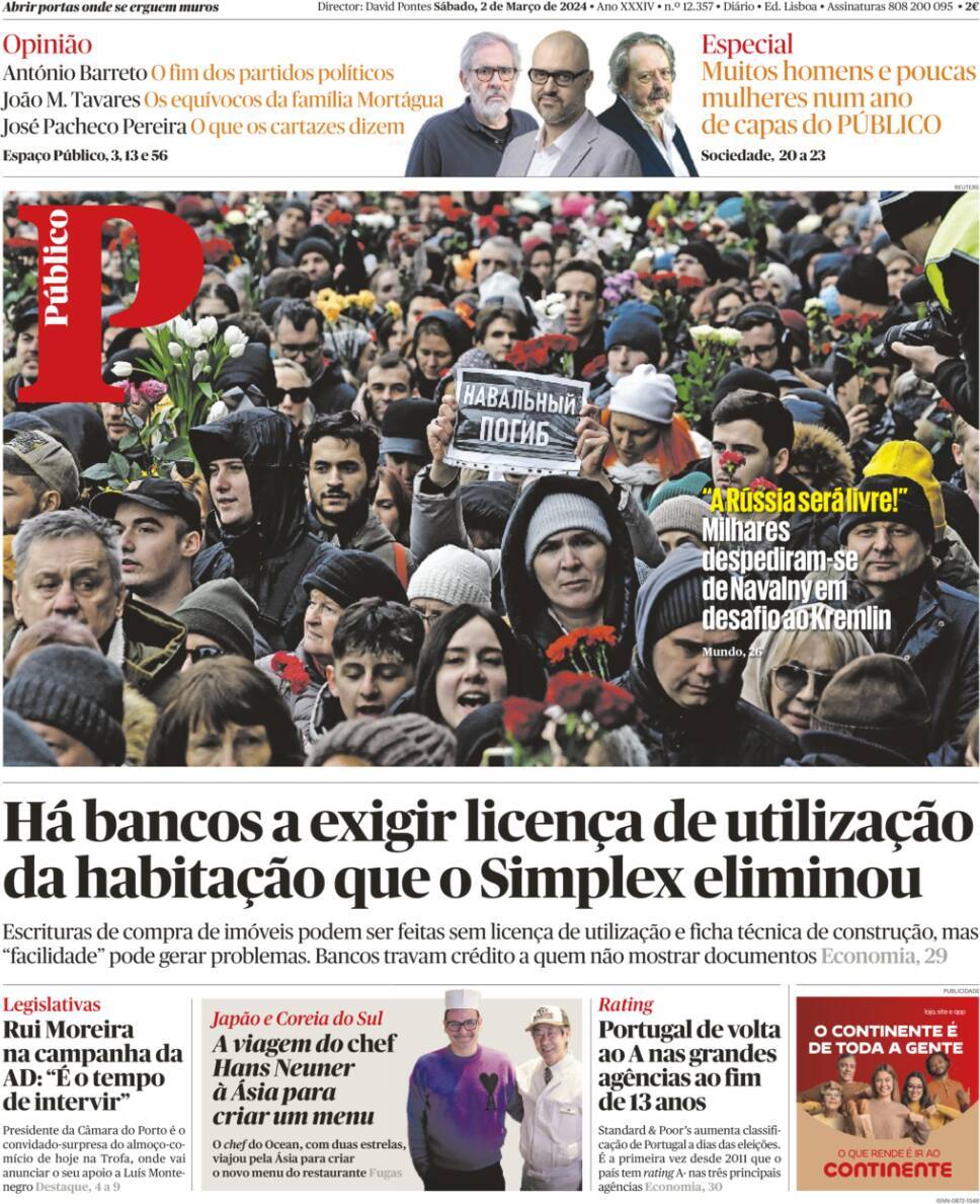 P&uacute;blico: Capa da Edi&ccedil;&atilde;o de s&aacute;bado, 02 de mar&ccedil;o 2024