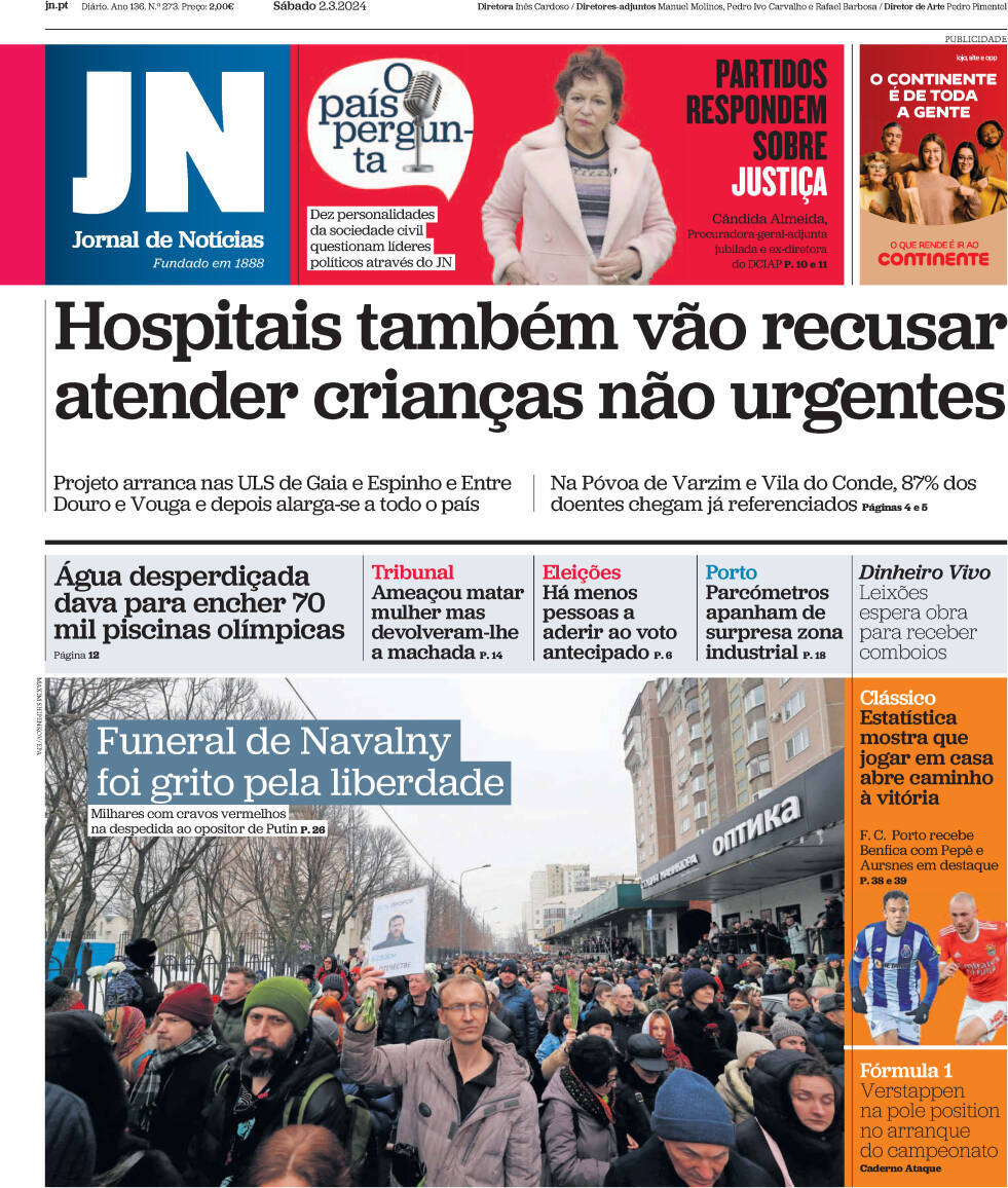 Jornal de Not&iacute;cias: Capa da Edi&ccedil;&atilde;o de s&aacute;bado, 02 de mar&ccedil;o 2024