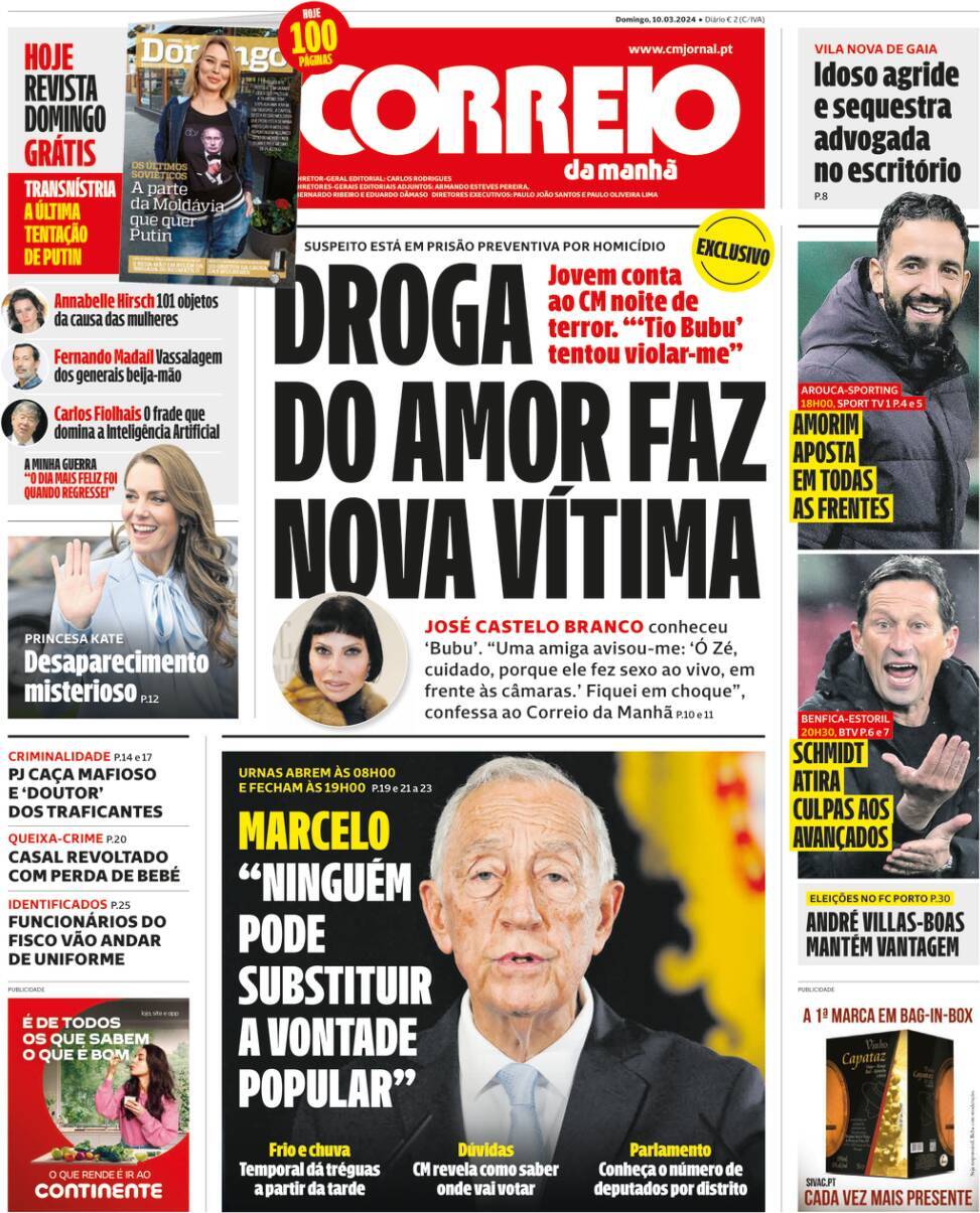 Correio da Manh&atilde;: Capa da Edi&ccedil;&atilde;o de domingo, 10 de mar&ccedil;o 2024