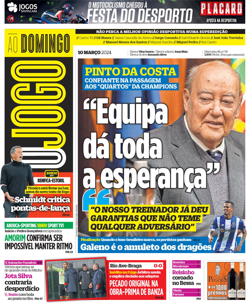 O Jogo: Capa da Edi&ccedil;&atilde;o de domingo, 10 de mar&ccedil;o 2024
