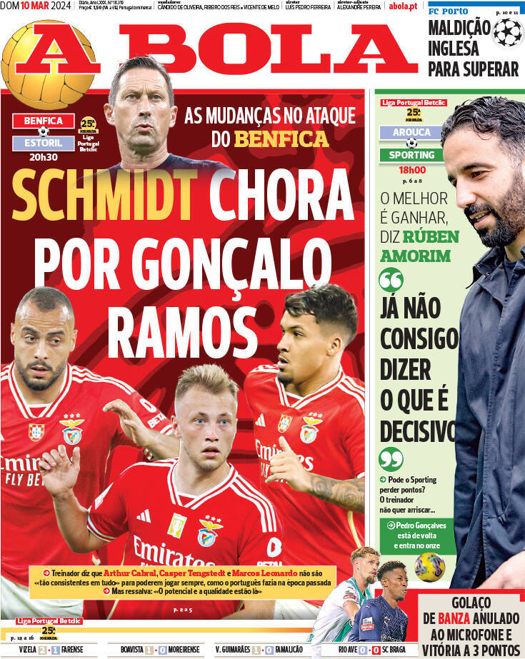 A Bola: Capa da Edi&ccedil;&atilde;o de domingo, 10 de mar&ccedil;o 2024