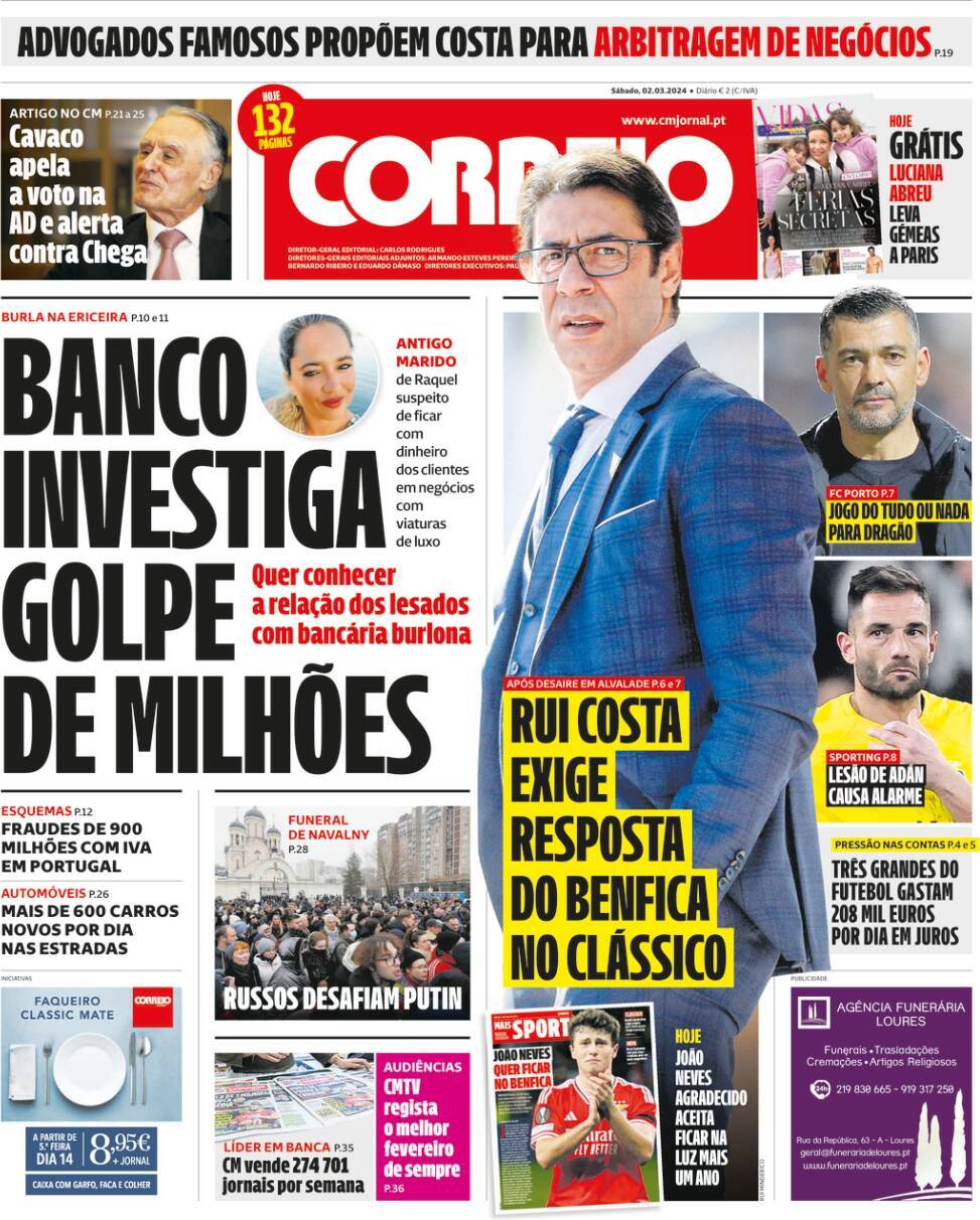Correio da Manh&atilde;: Capa da Edi&ccedil;&atilde;o de s&aacute;bado, 02 de mar&ccedil;o 2024