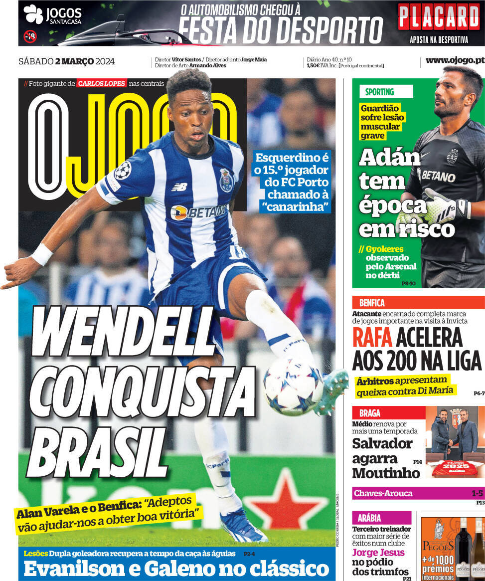 O Jogo: Capa da Edi&ccedil;&atilde;o de s&aacute;bado, 02 de mar&ccedil;o 2024