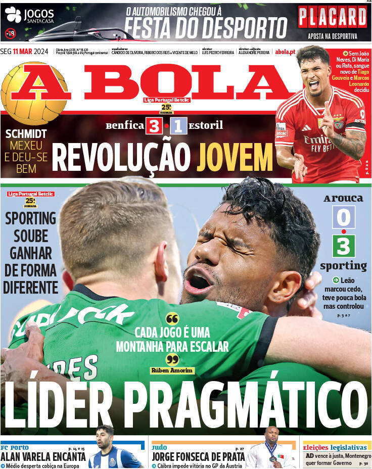 A Bola: Capa da Edi&ccedil;&atilde;o de segunda-feira, 11 de mar&ccedil;o 2024
