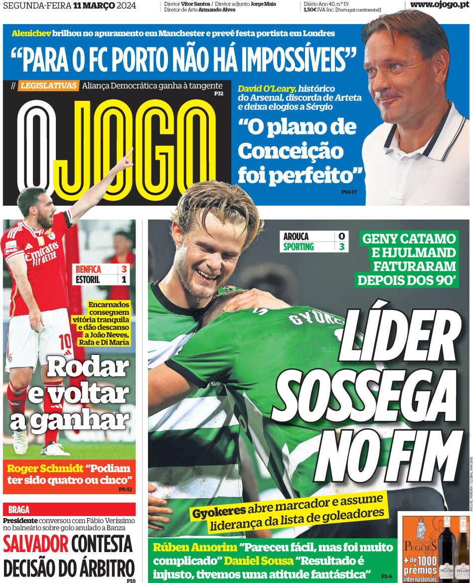 Correio da Manh&atilde;: Capa da Edi&ccedil;&atilde;o de segunda-feira, 11 de mar&ccedil;o 2024