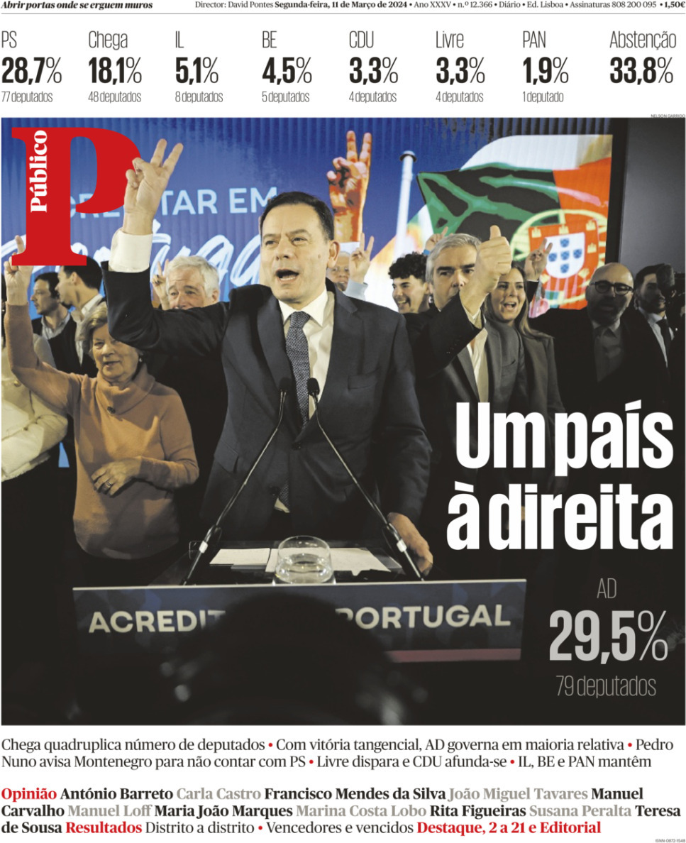 P&uacute;blico: Capa da Edi&ccedil;&atilde;o de segunda-feira, 11 de mar&ccedil;o 2024