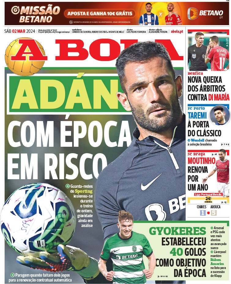 A Bola: Capa da Edi&ccedil;&atilde;o de s&aacute;bado, 02 de mar&ccedil;o 2024