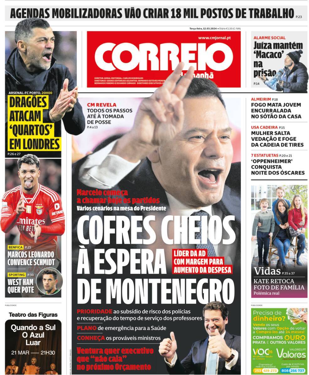 Correio da Manh&atilde;: Capa da Edi&ccedil;&atilde;o de ter&ccedil;a-feira, 12 de mar&ccedil;o 2024