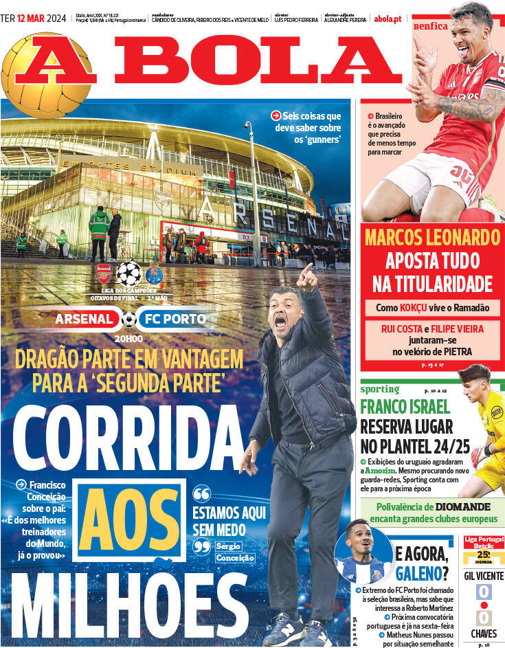 A Bola: Capa da Edi&ccedil;&atilde;o de ter&ccedil;a-feira, 12 de mar&ccedil;o 2024