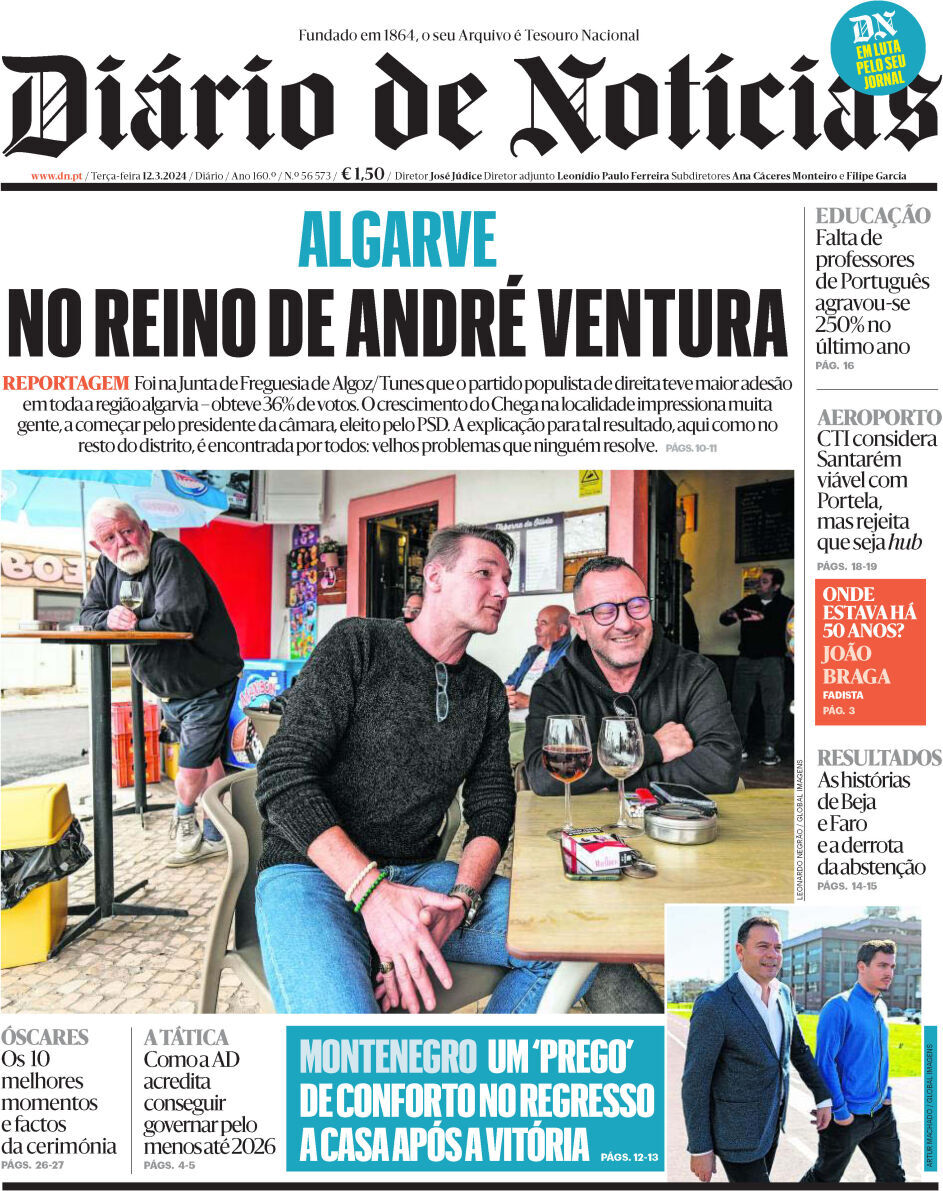 Di&aacute;rio de Not&iacute;cias: Capa da Edi&ccedil;&atilde;o de ter&ccedil;a-feira, 12 de mar&ccedil;o 2024