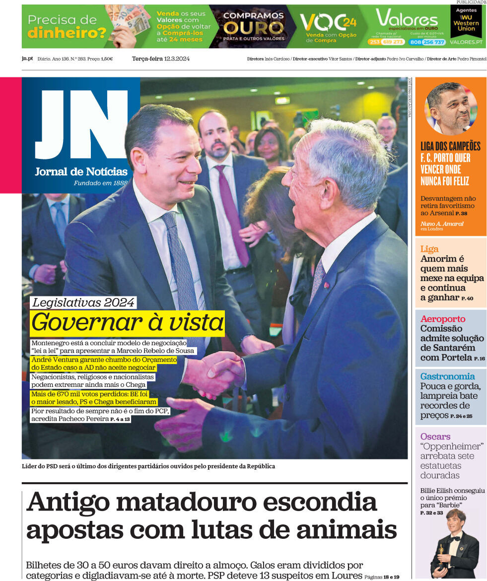 Jornal de Not&iacute;cias: Capa da Edi&ccedil;&atilde;o de ter&ccedil;a-feira, 12 de mar&ccedil;o 2024