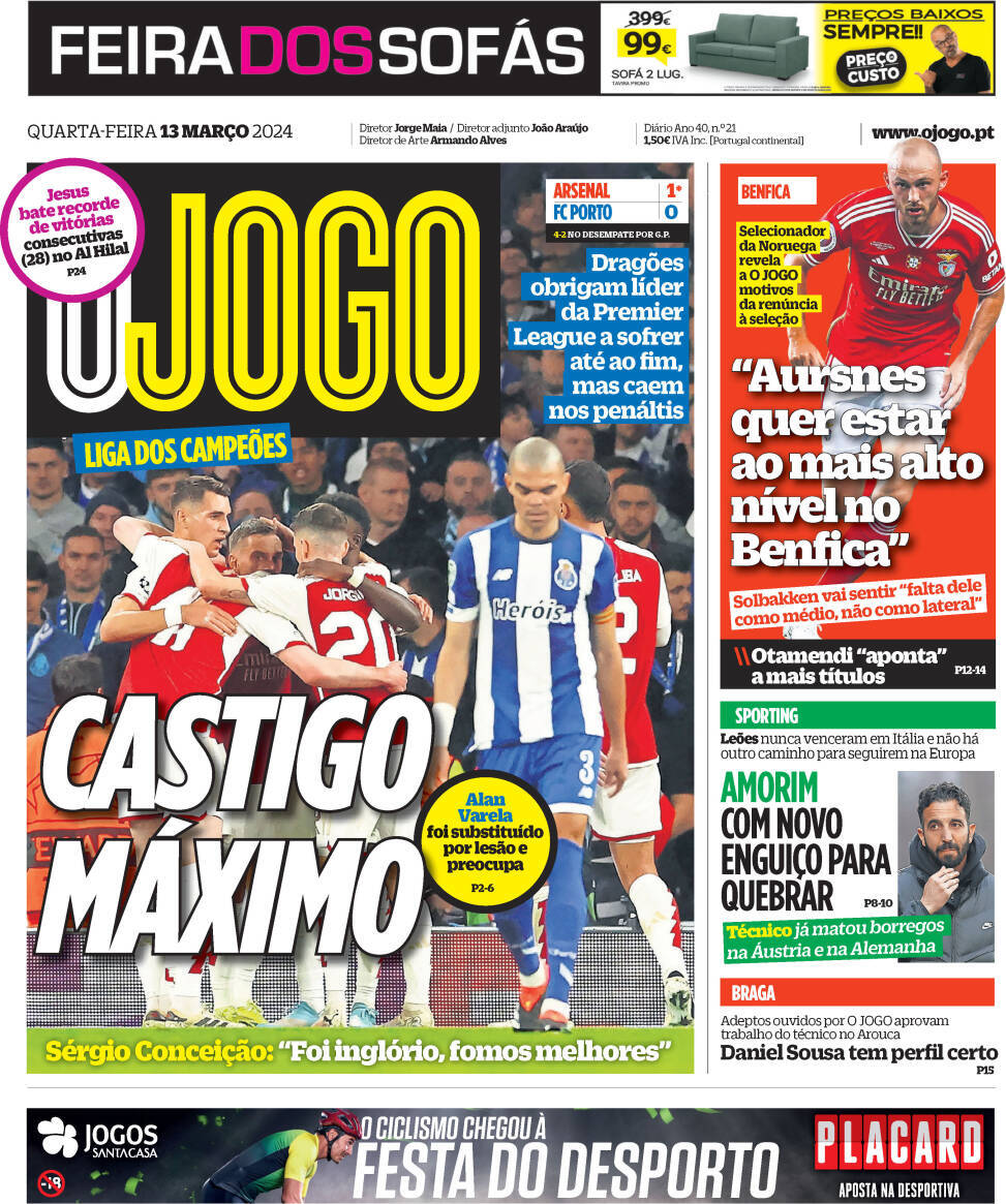 O Jogo: Capa da Edi&ccedil;&atilde;o de quarta-feira, 13 de mar&ccedil;o 2024