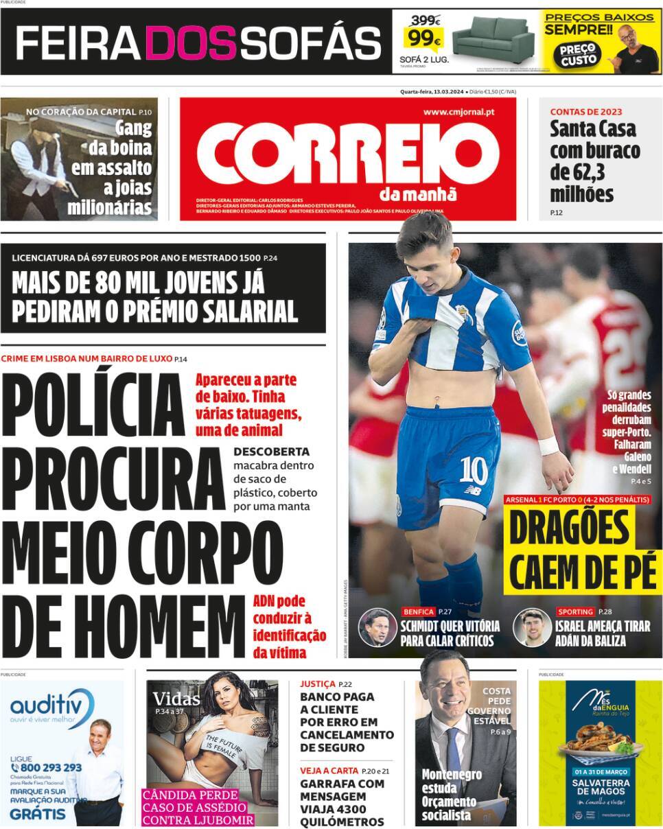 Correio da Manh&atilde;: Capa da Edi&ccedil;&atilde;o de quarta-feira, 13 de mar&ccedil;o 2024