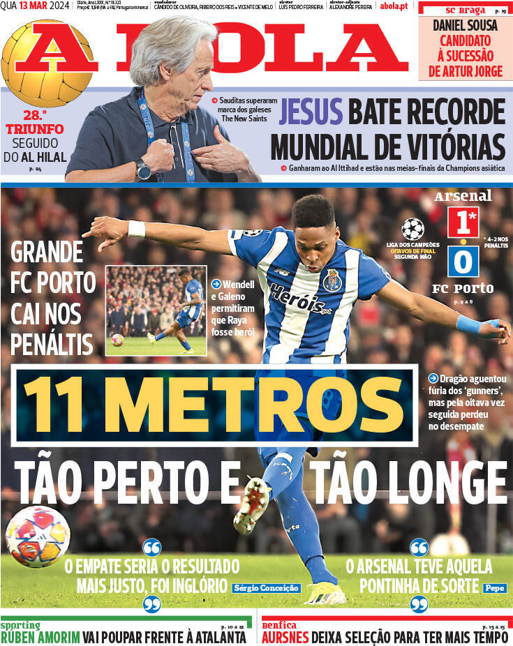 A Bola: Capa da Edi&ccedil;&atilde;o de quarta-feira, 13 de mar&ccedil;o 2024