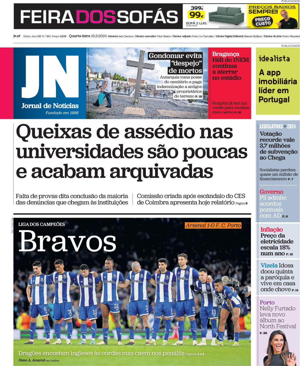 Jornal de Not&iacute;cias: Capa da Edi&ccedil;&atilde;o de quarta-feira, 13 de mar&ccedil;o 2024