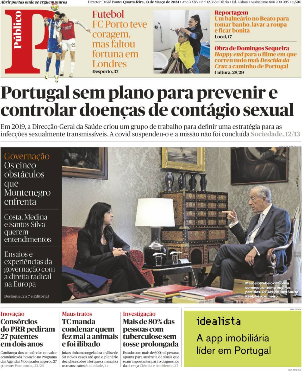 P&uacute;blico: Capa da Edi&ccedil;&atilde;o de quarta-feira, 13 de mar&ccedil;o 2024