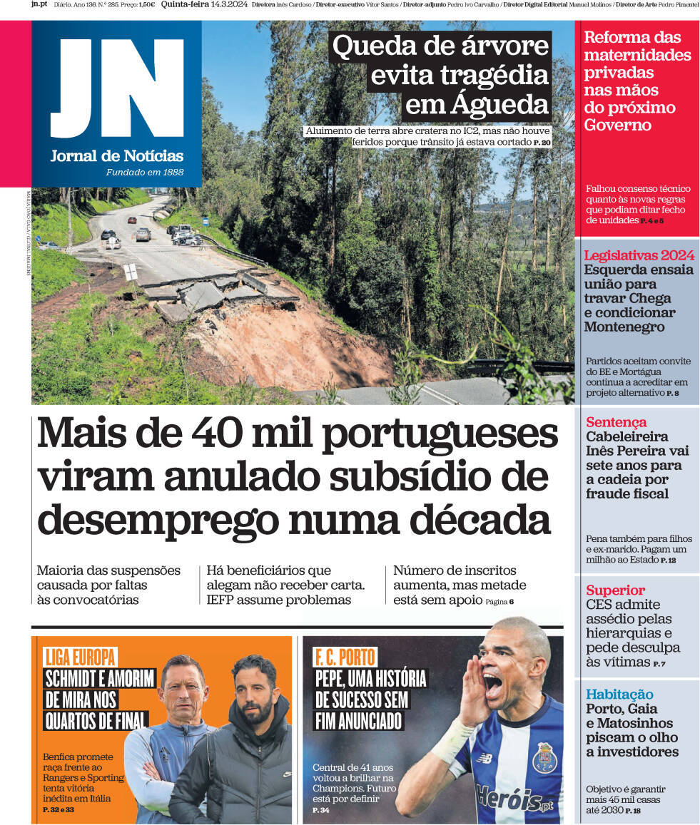 Jornal de Not&iacute;cias: Capa da Edi&ccedil;&atilde;o de quinta-feira, 14 de mar&ccedil;o 2024