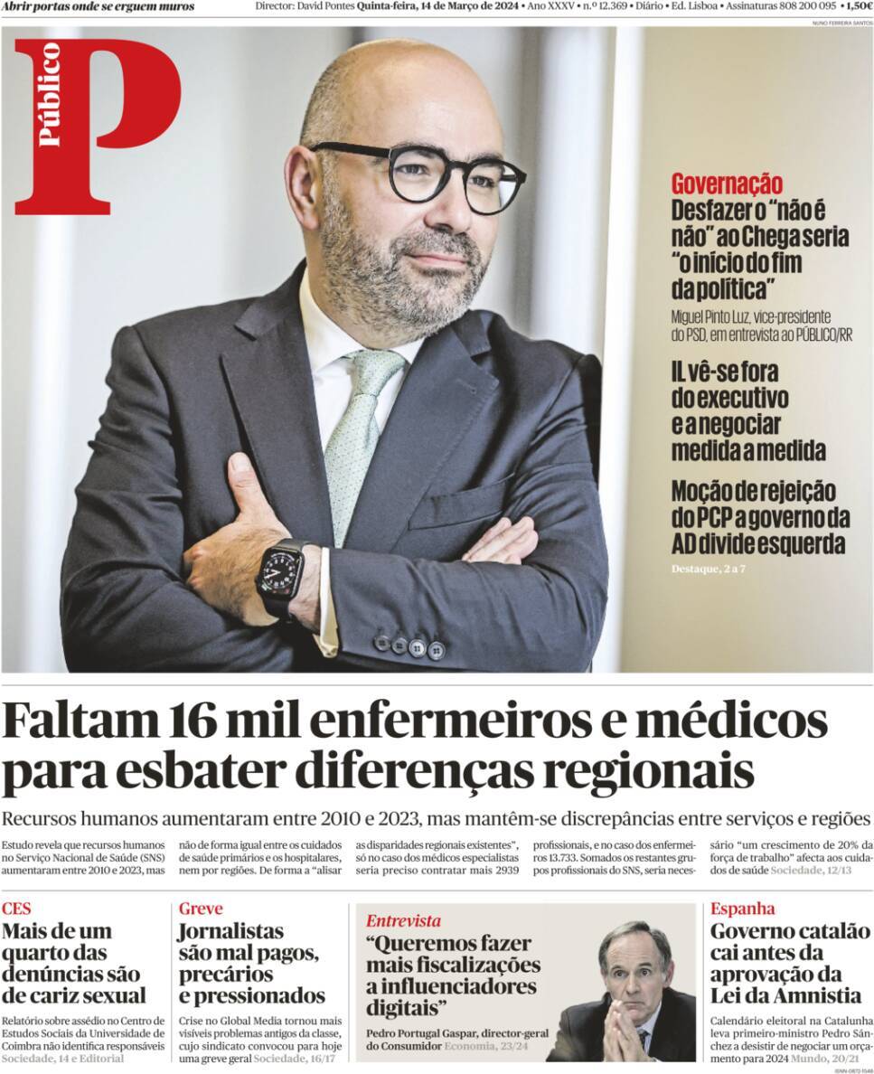 P&uacute;blico: Capa da Edi&ccedil;&atilde;o de quinta-feira, 14 de mar&ccedil;o 2024