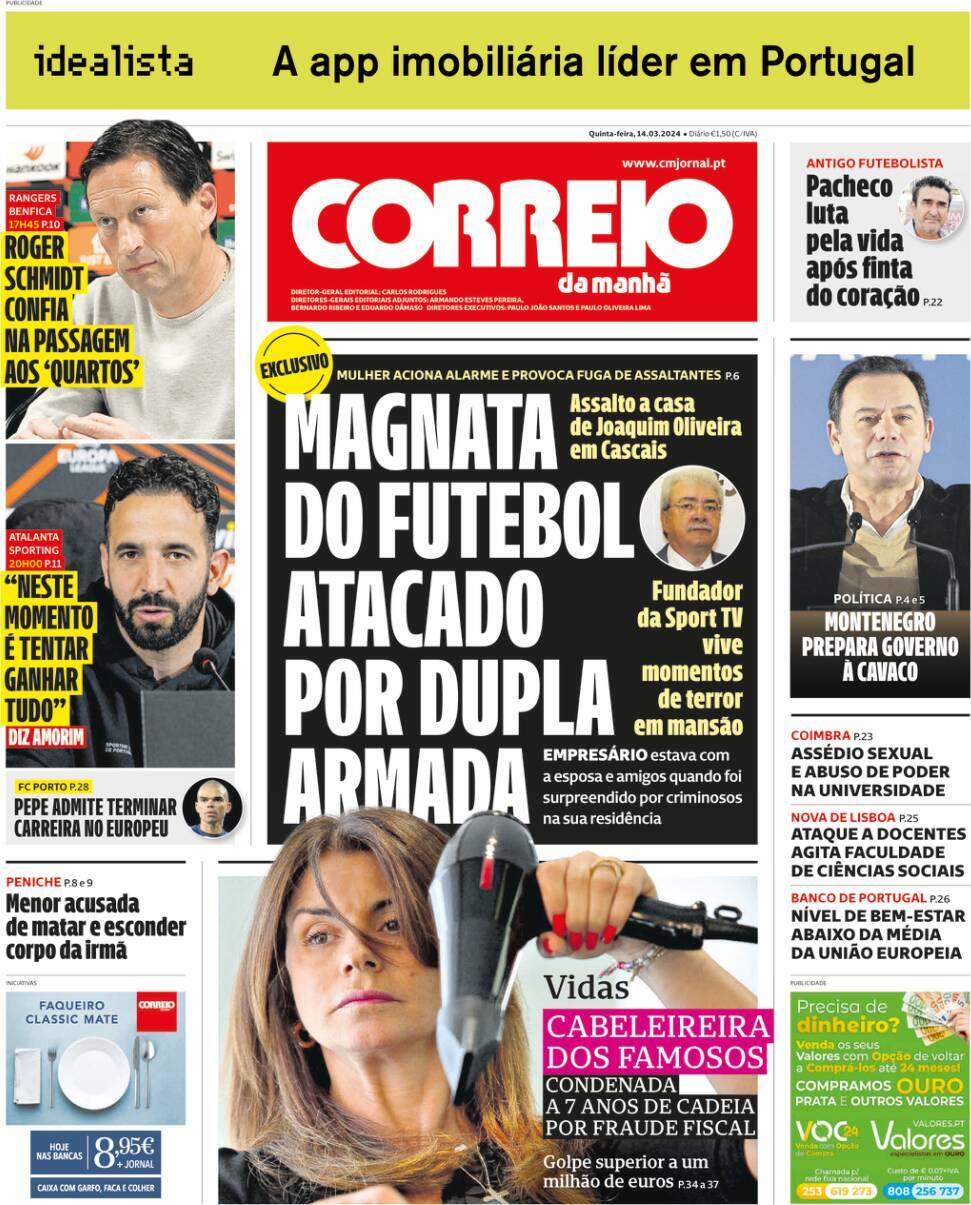 Correio da Manh&atilde;: Capa da Edi&ccedil;&atilde;o de quinta-feira, 14 de mar&ccedil;o 2024