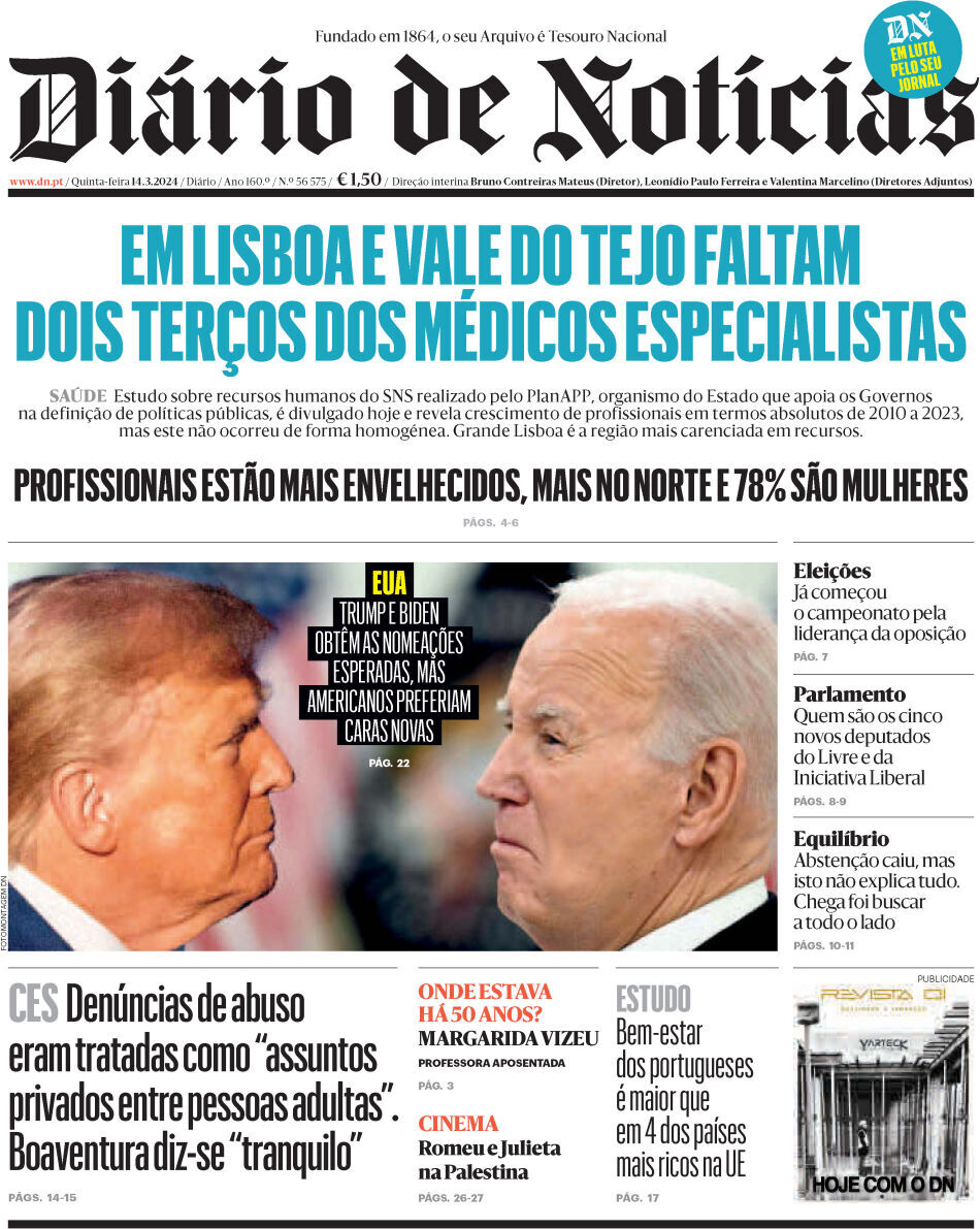 Di&aacute;rio de Not&iacute;cias: Capa da Edi&ccedil;&atilde;o de quinta-feira, 14 de mar&ccedil;o 2024