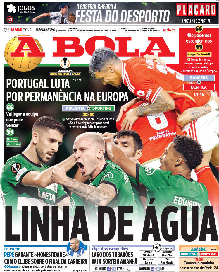 A Bola: Capa da Edi&ccedil;&atilde;o de quinta-feira, 14 de mar&ccedil;o 2024
