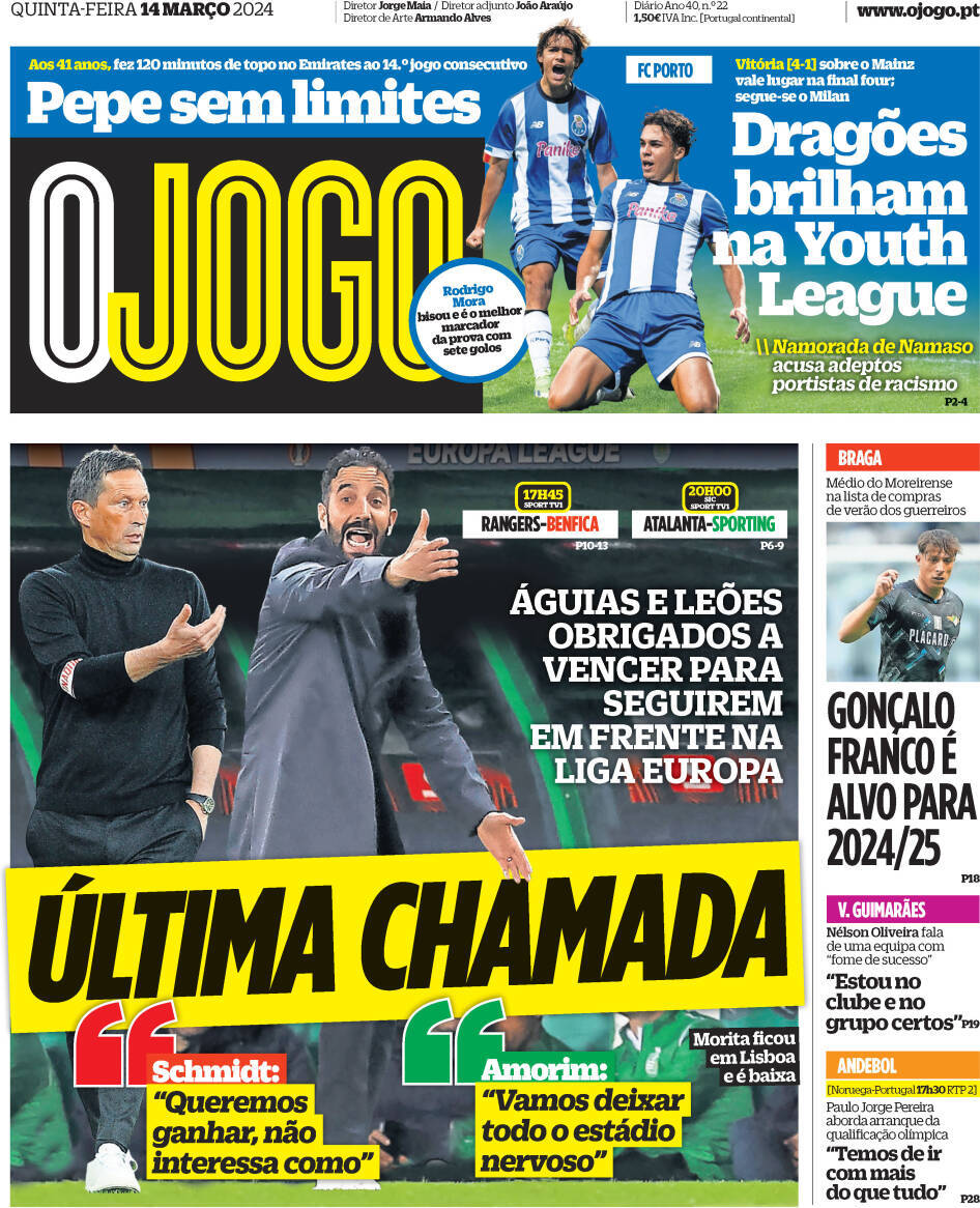 O Jogo: Capa da Edi&ccedil;&atilde;o de quinta-feira, 14 de mar&ccedil;o 2024