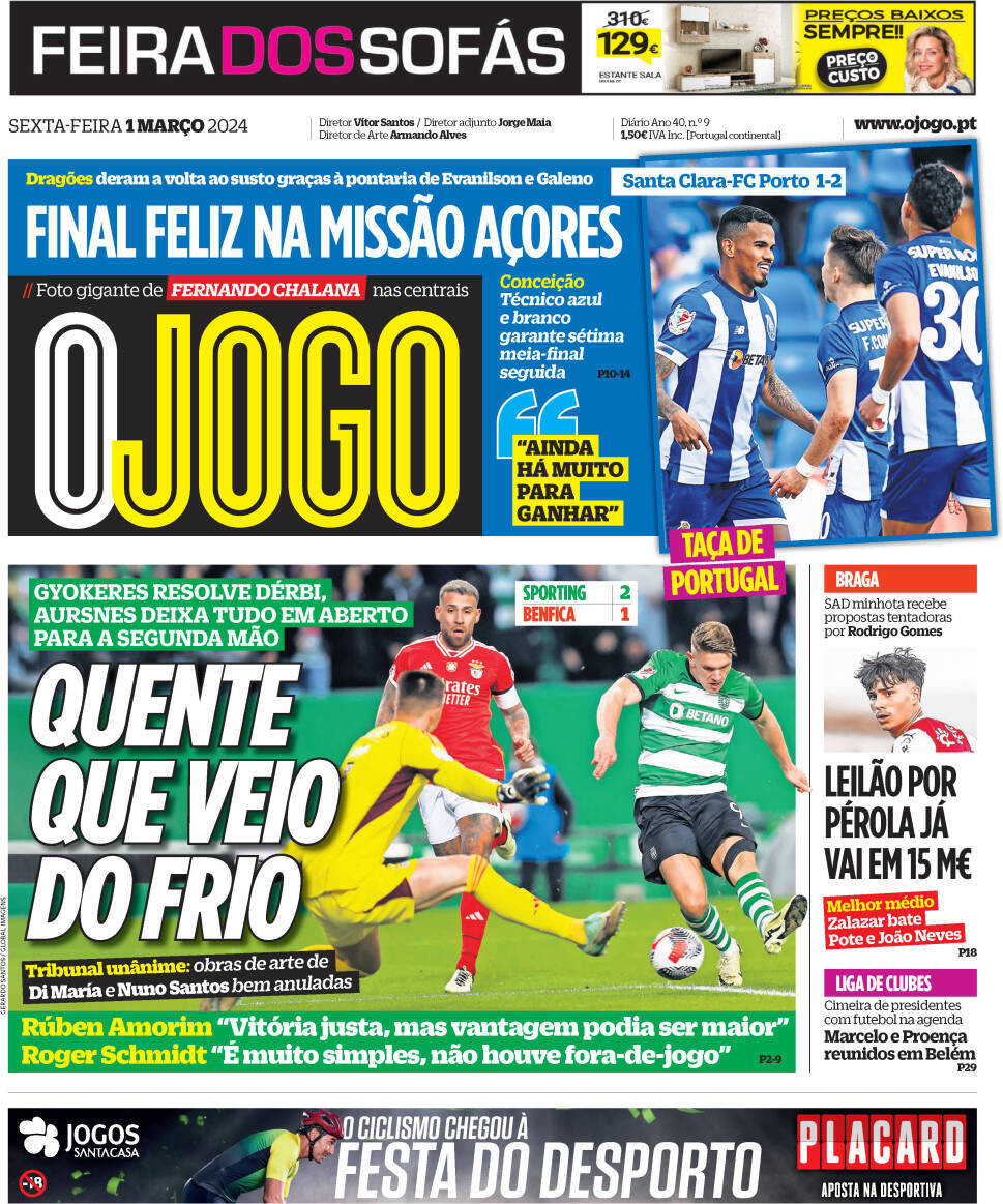 O Jogo: Capa da Edi&ccedil;&atilde;o de sexta-feira, 01 de mar&ccedil;o 2024