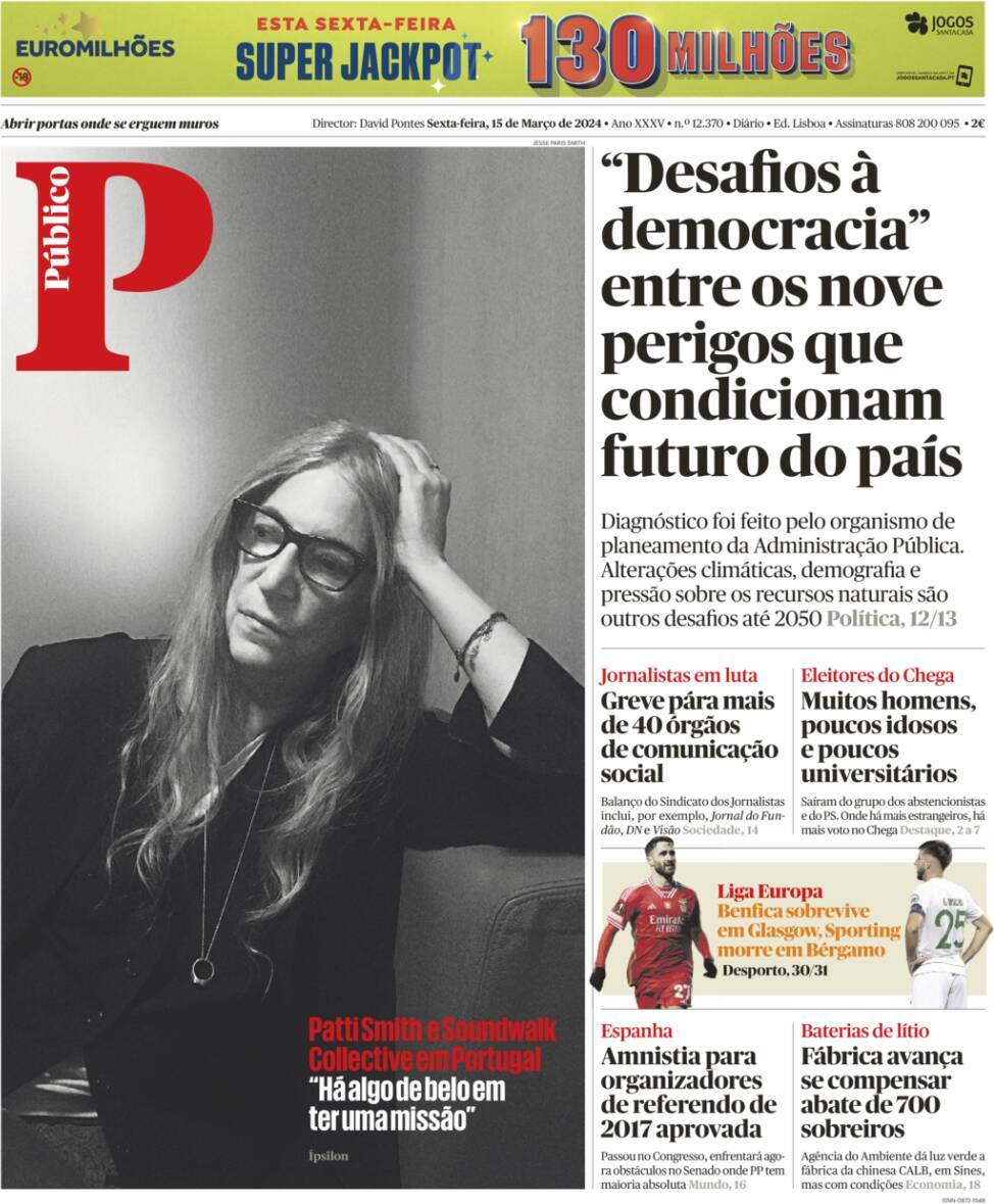 P&uacute;blico: Capa da Edi&ccedil;&atilde;o de sexta-feira, 15 de mar&ccedil;o 2024