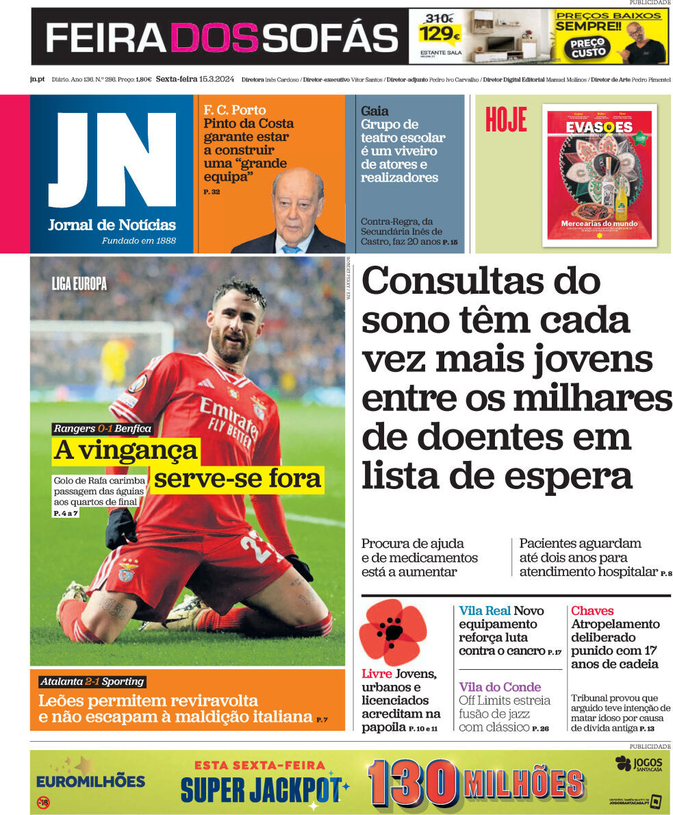 Jornal de Not&iacute;cias: Capa da Edi&ccedil;&atilde;o de sexta-feira, 15 de mar&ccedil;o 2024