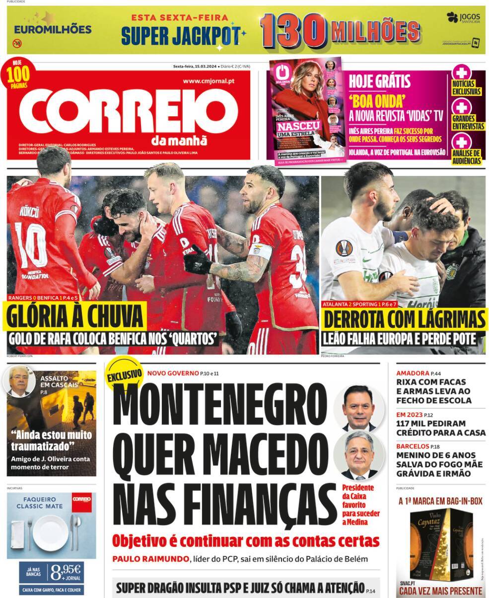 Correio da Manh&atilde;: Capa da Edi&ccedil;&atilde;o de sexta-feira, 15 de mar&ccedil;o 2024