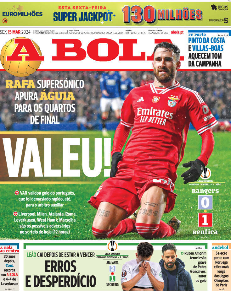 A Bola: Capa da Edi&ccedil;&atilde;o de sexta-feira, 15 de mar&ccedil;o 2024