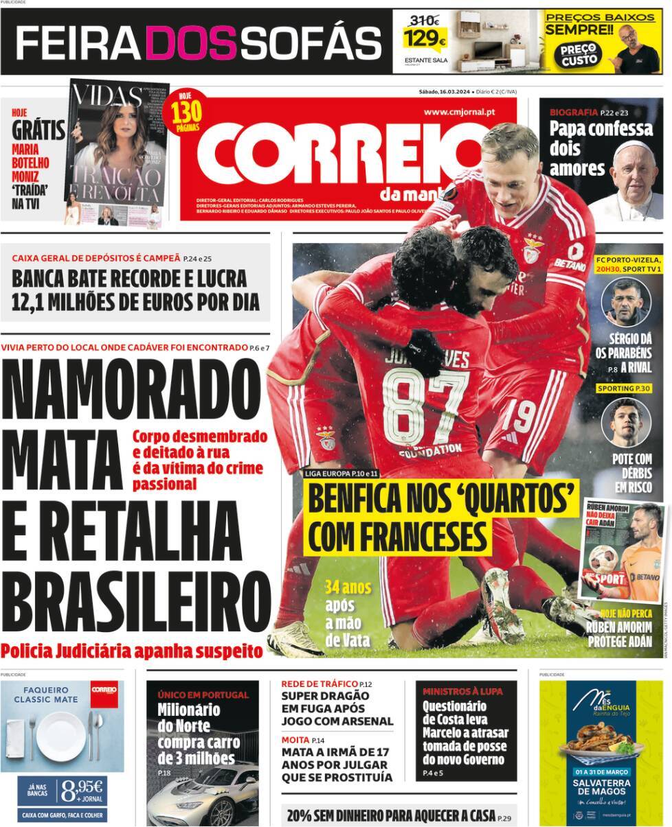 Correio da Manh&atilde;: Capa da Edi&ccedil;&atilde;o de s&aacute;bado, 16 de mar&ccedil;o 2024