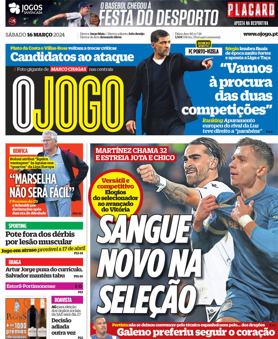 O Jogo: Capa da Edi&ccedil;&atilde;o de s&aacute;bado, 16 de mar&ccedil;o 2024
