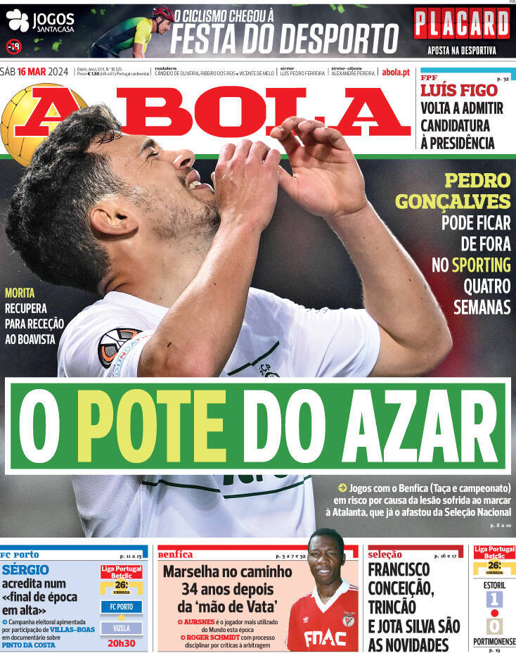 A Bola: Capa da Edi&ccedil;&atilde;o de s&aacute;bado, 16 de mar&ccedil;o 2024