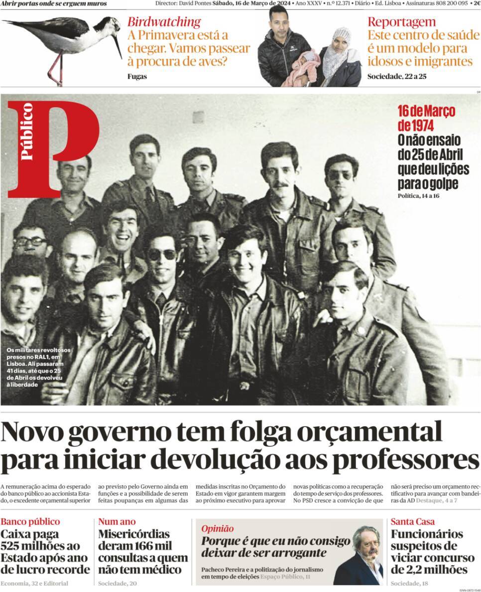 P&uacute;blico: Capa da Edi&ccedil;&atilde;o de s&aacute;bado, 16 de mar&ccedil;o 2024