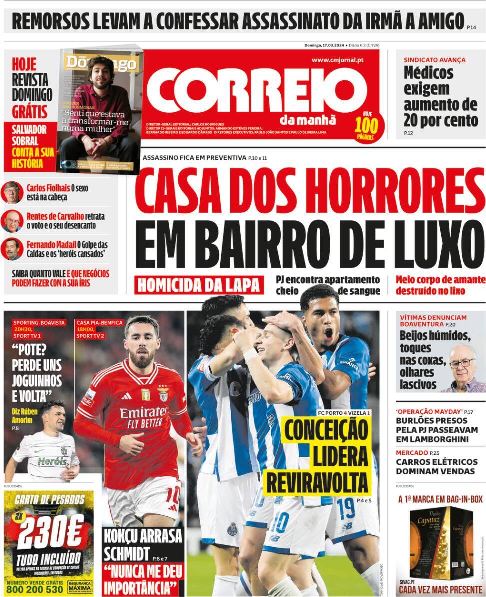 Correio da Manh&atilde;: Capa da Edi&ccedil;&atilde;o de domingo, 17 de mar&ccedil;o 2024
