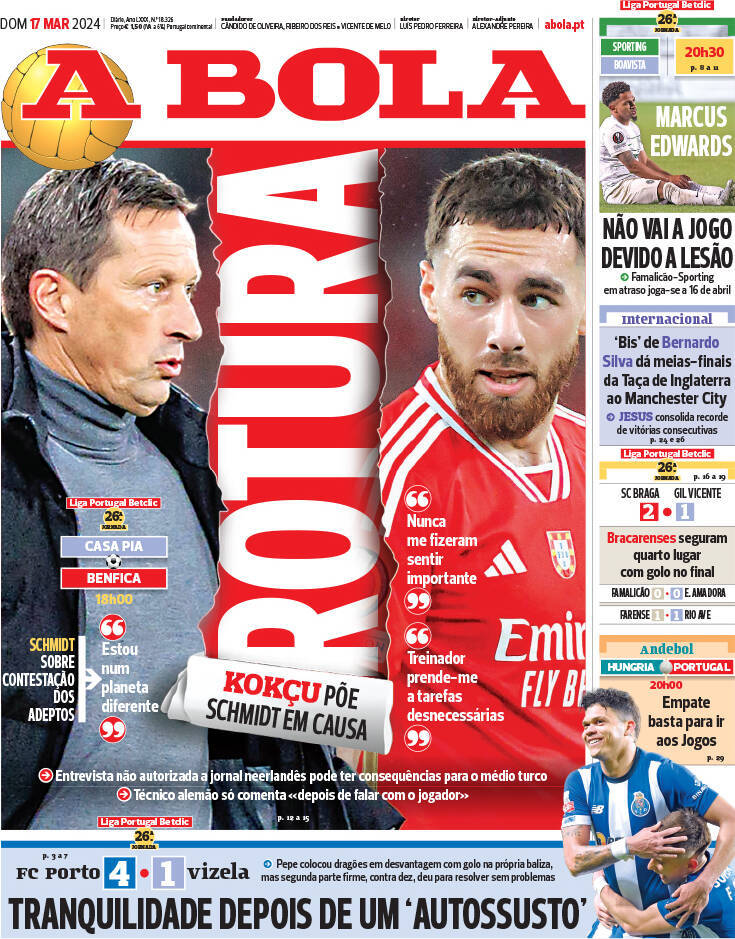 A Bola: Capa da Edi&ccedil;&atilde;o de domingo, 17 de mar&ccedil;o 2024