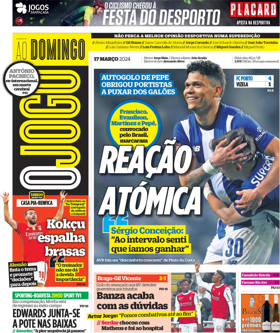 O Jogo: Capa da Edi&ccedil;&atilde;o de domingo, 17 de mar&ccedil;o 2024