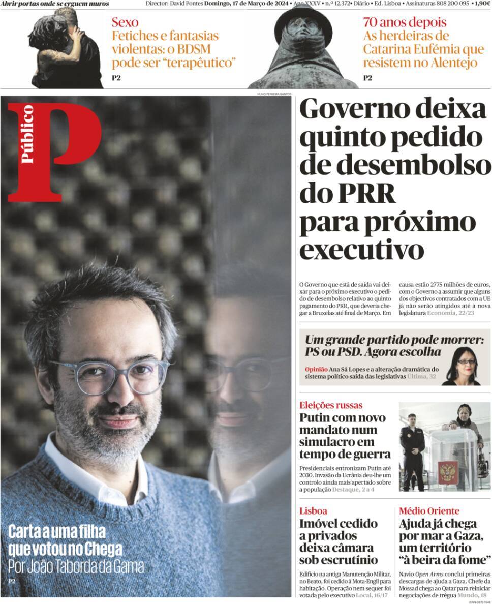 P&uacute;blico: Capa da Edi&ccedil;&atilde;o de domingo, 17 de mar&ccedil;o 2024