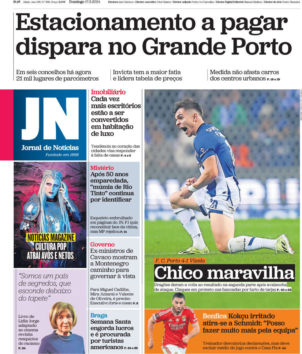 Jornal de Not&iacute;cias: Capa da Edi&ccedil;&atilde;o de domingo, 17 de mar&ccedil;o 2024