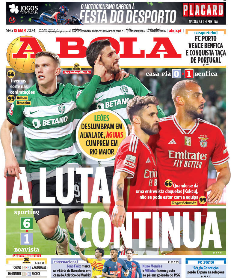 A Bola: Capa da Edi&ccedil;&atilde;o de segunda-feira, 18 de mar&ccedil;o 2024