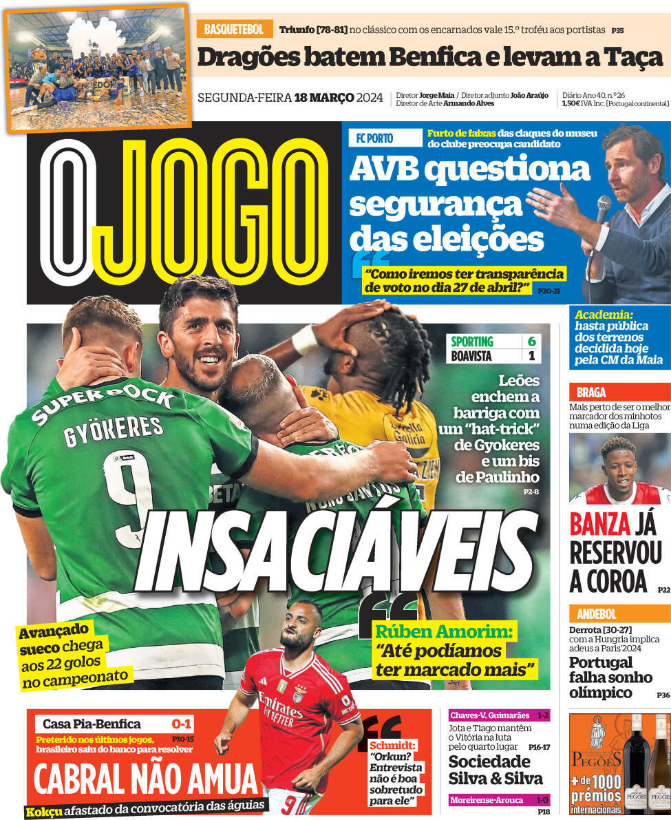O Jogo: Capa da Edi&ccedil;&atilde;o de segunda-feira, 18 de mar&ccedil;o 2024